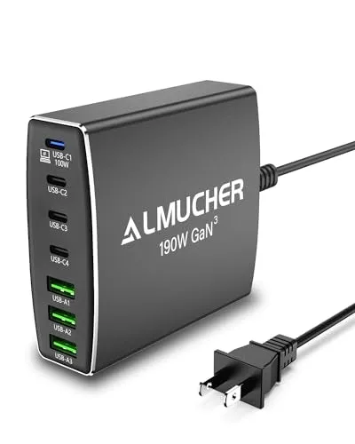 190W USB C Charging Station 7 Port PD 3.0 USB C Charger Block 100W Max Single Port Fast Charger Aluminum Alloy GaN Charger Power Adapter for MacBook Pro/Air iPhone iPad, Samsung Galaxy (L-Grey)