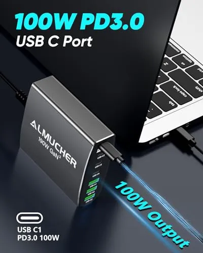190W USB C Charging Station 7 Port PD 3.0 USB C Charger Block 100W Max Single Port Fast Charger Aluminum Alloy GaN Charger Power Adapter for MacBook Pro/Air iPhone iPad, Samsung Galaxy (L-Grey)