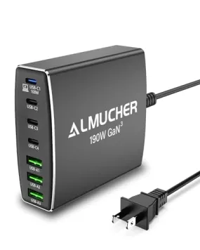 190W USB C Charging Station 7 Port PD 3.0 USB C Charger Block 100W Max Single Port Fast Charger Aluminum Alloy GaN Charger Power Adapter for MacBook Pro/Air iPhone iPad, Samsung Galaxy (L-Grey)