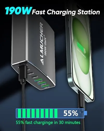 190W USB C Charging Station 7 Port PD 3.0 USB C Charger Block 100W Max Single Port Fast Charger Aluminum Alloy GaN Charger Power Adapter for MacBook Pro/Air iPhone iPad, Samsung Galaxy (L-Grey)
