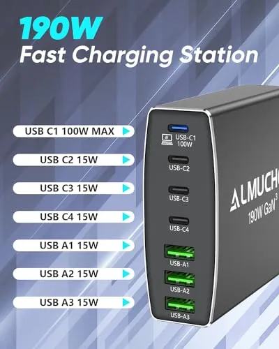 190W USB C Charging Station 7 Port PD 3.0 USB C Charger Block 100W Max Single Port Fast Charger Aluminum Alloy GaN Charger Power Adapter for MacBook Pro/Air iPhone iPad, Samsung Galaxy (L-Grey)