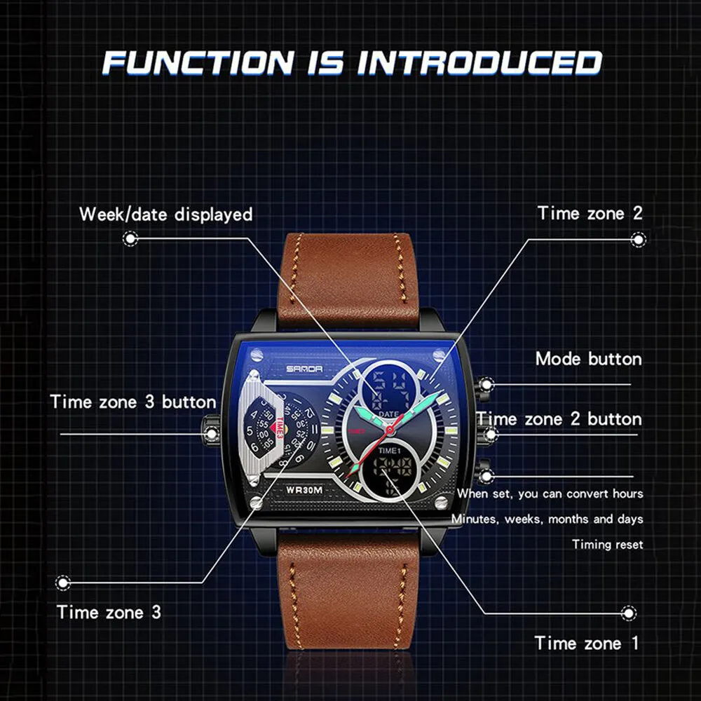 6 Colors Zinc Alloy Stainless Steel Strap Waterproof Luminous Week Date Display Rectangular Digital Watch