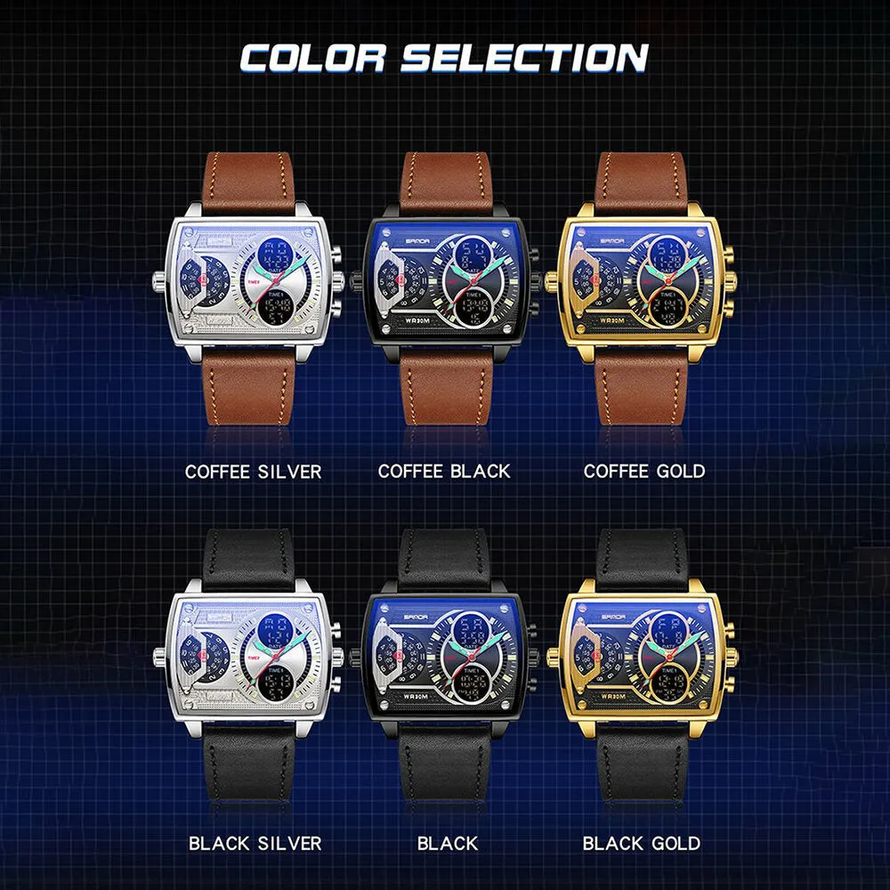 6 Colors Zinc Alloy Stainless Steel Strap Waterproof Luminous Week Date Display Rectangular Digital Watch