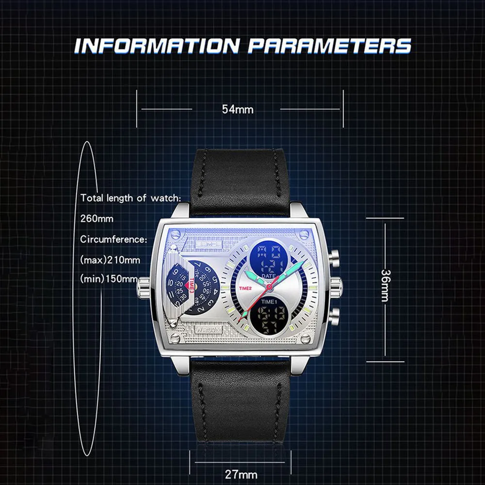 6 Colors Zinc Alloy Stainless Steel Strap Waterproof Luminous Week Date Display Rectangular Digital Watch