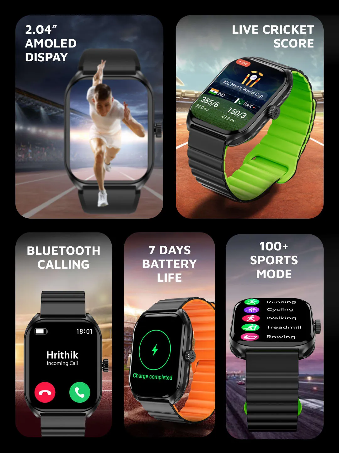 Ace X1 2.04" Amoled Display,1000 NITS, Sleek & Premium Smartwatch (Charcoal Grey)