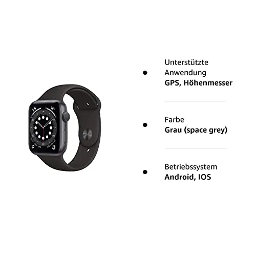 Apple Watch Series 6 (GPS, 44MM) Aluminiumgehäuse Space Grau Schwarz Sportarmband (Generalüberholt)