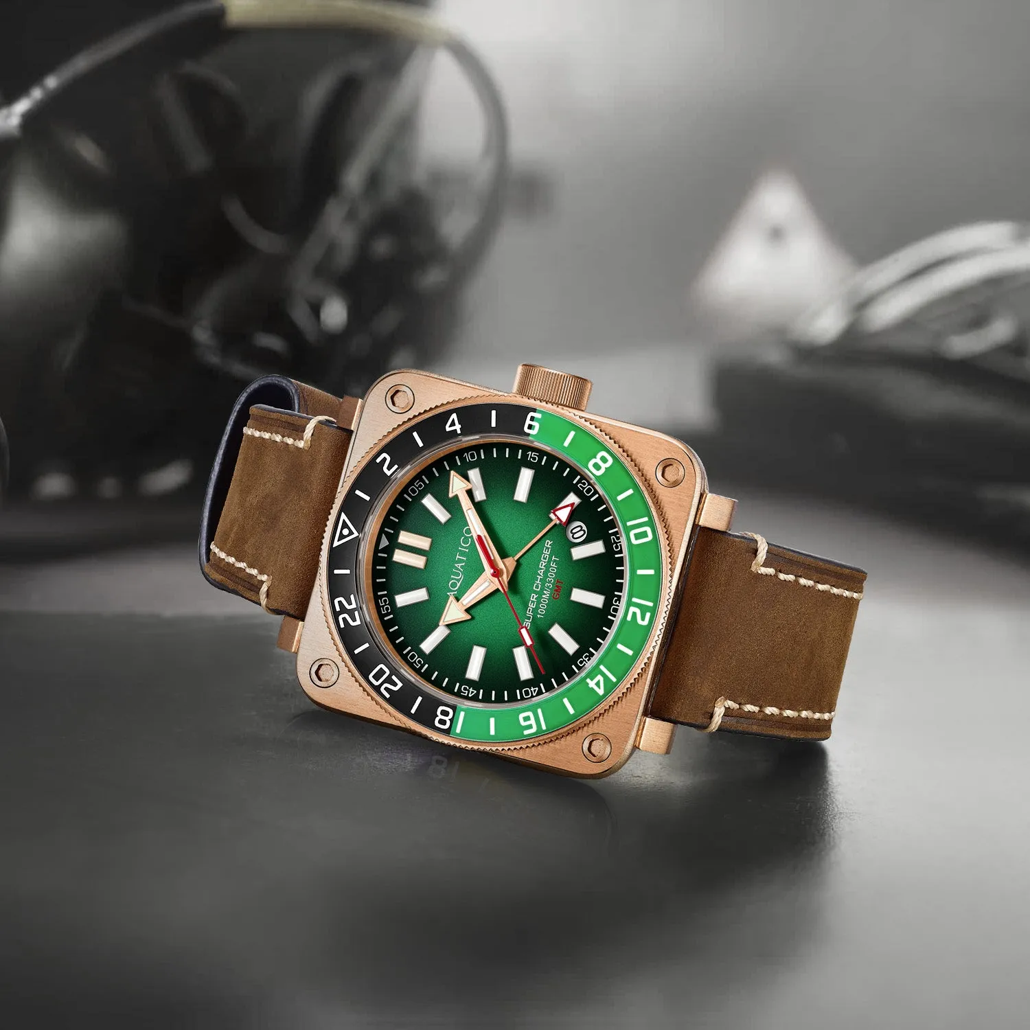 Aquatico Super Charger GMT Watch (Green Dial Green and Black Bezel)