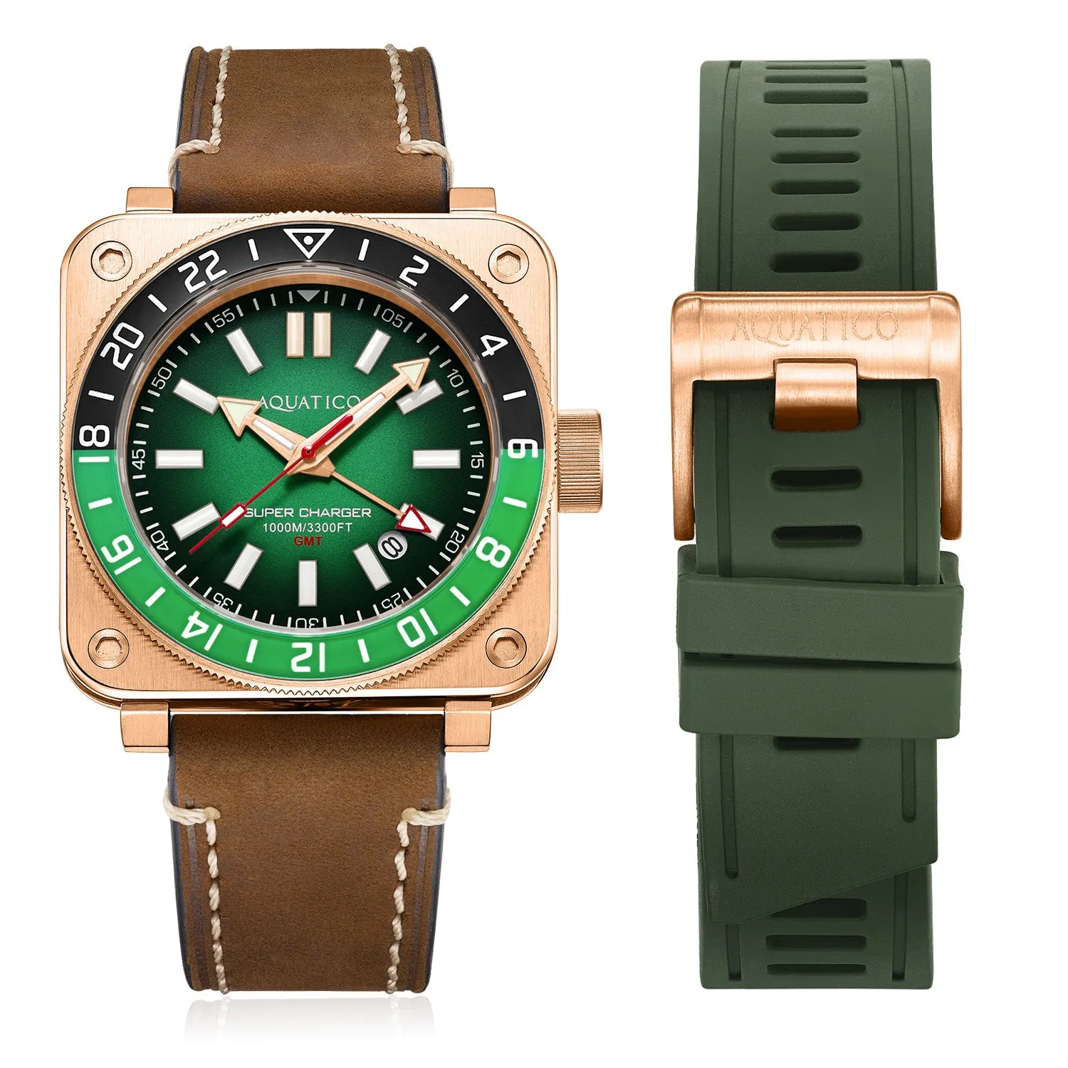 Aquatico Super Charger GMT Watch (Green Dial Green and Black Bezel)