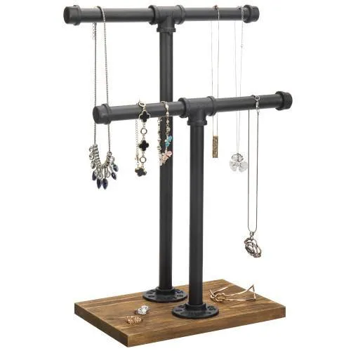 Industrial Pipe & Brown Wood T-Bar Necklace Jewelry Stand