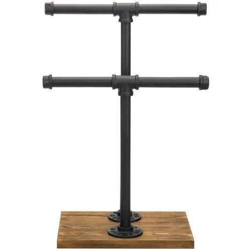 Industrial Pipe & Brown Wood T-Bar Necklace Jewelry Stand