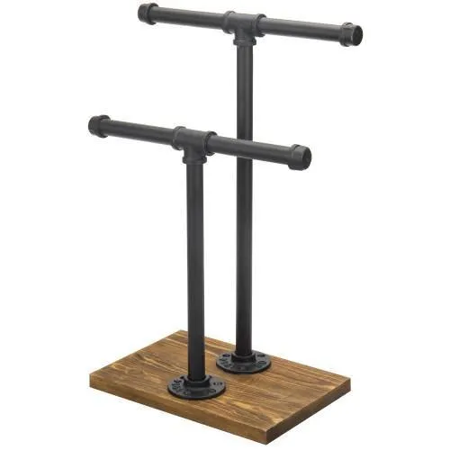 Industrial Pipe & Brown Wood T-Bar Necklace Jewelry Stand