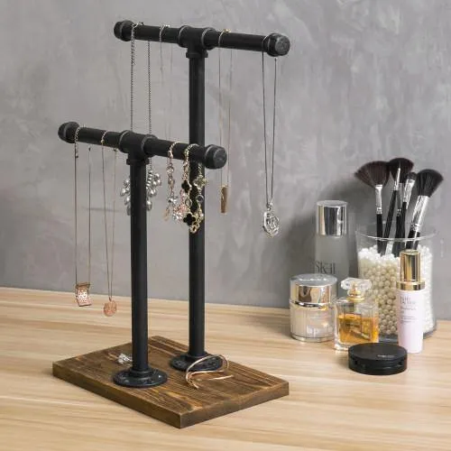 Industrial Pipe & Brown Wood T-Bar Necklace Jewelry Stand