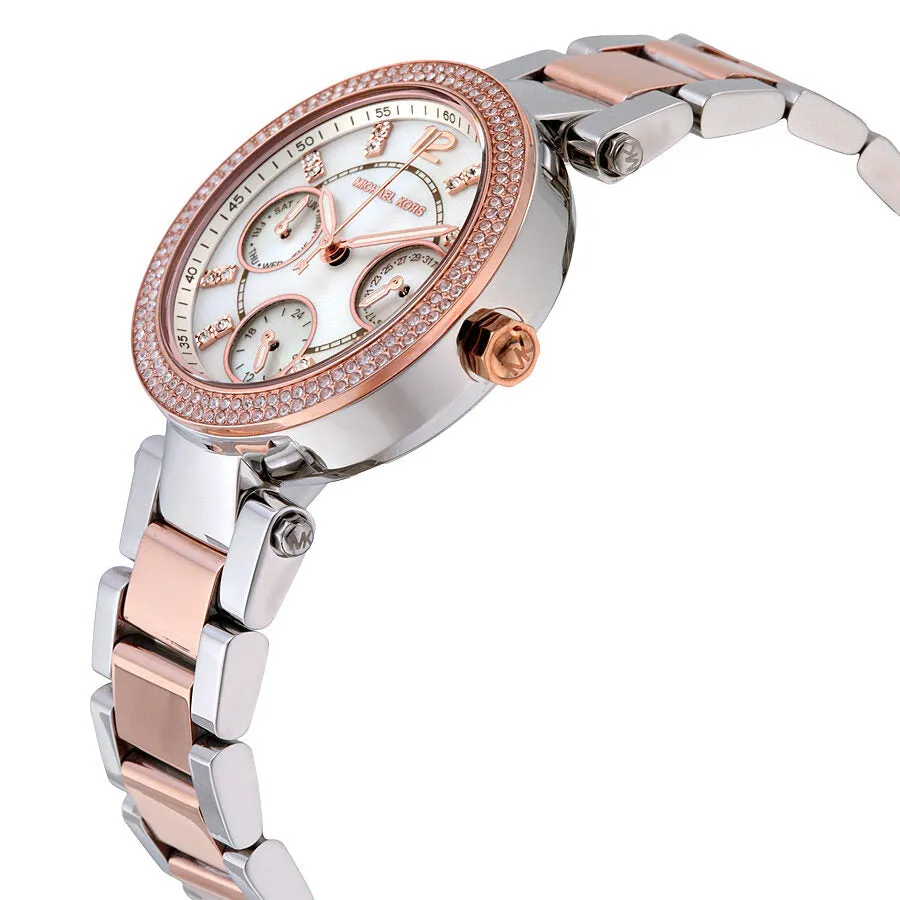 Michael Kors Mini Parker Silver Dial GMT Two Tone Stainless Steel Ladies Watch MK6306