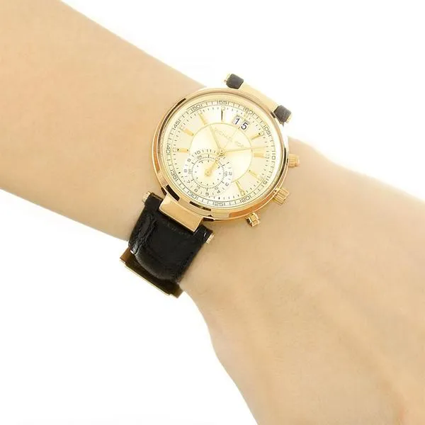 Michael Kors Sawyer Champagne Dial Black Leather Ladies Watch MK2433