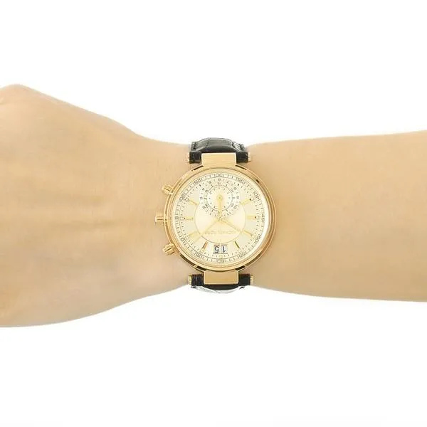 Michael Kors Sawyer Champagne Dial Black Leather Ladies Watch MK2433