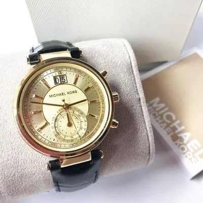 Michael Kors Sawyer Champagne Dial Black Leather Ladies Watch MK2433