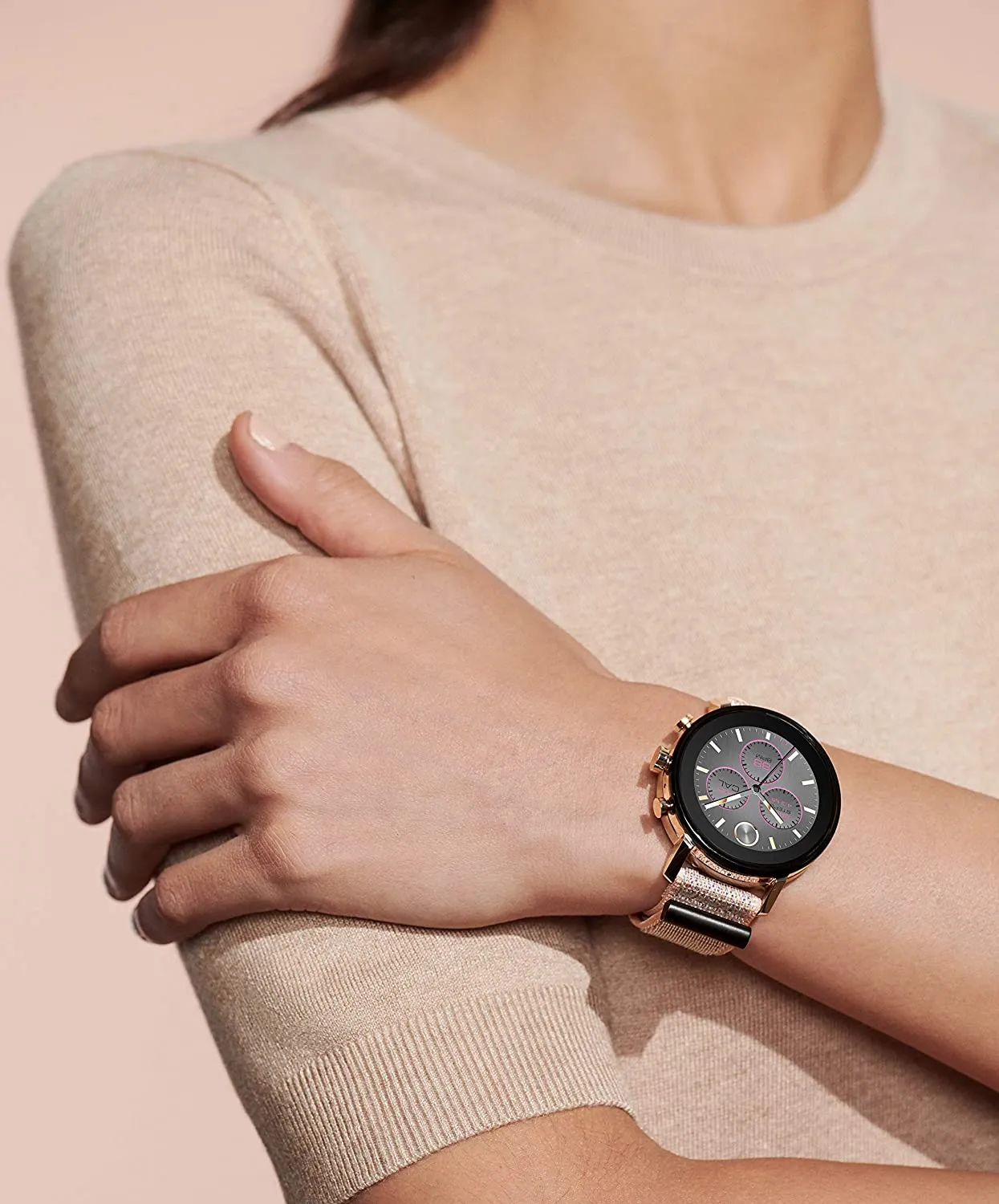 Movado Connect 2.0 Unisex Powered with Wear OS by Google Stainless Steel and Pink Sand Fabric Smartwatch, Color: Pink