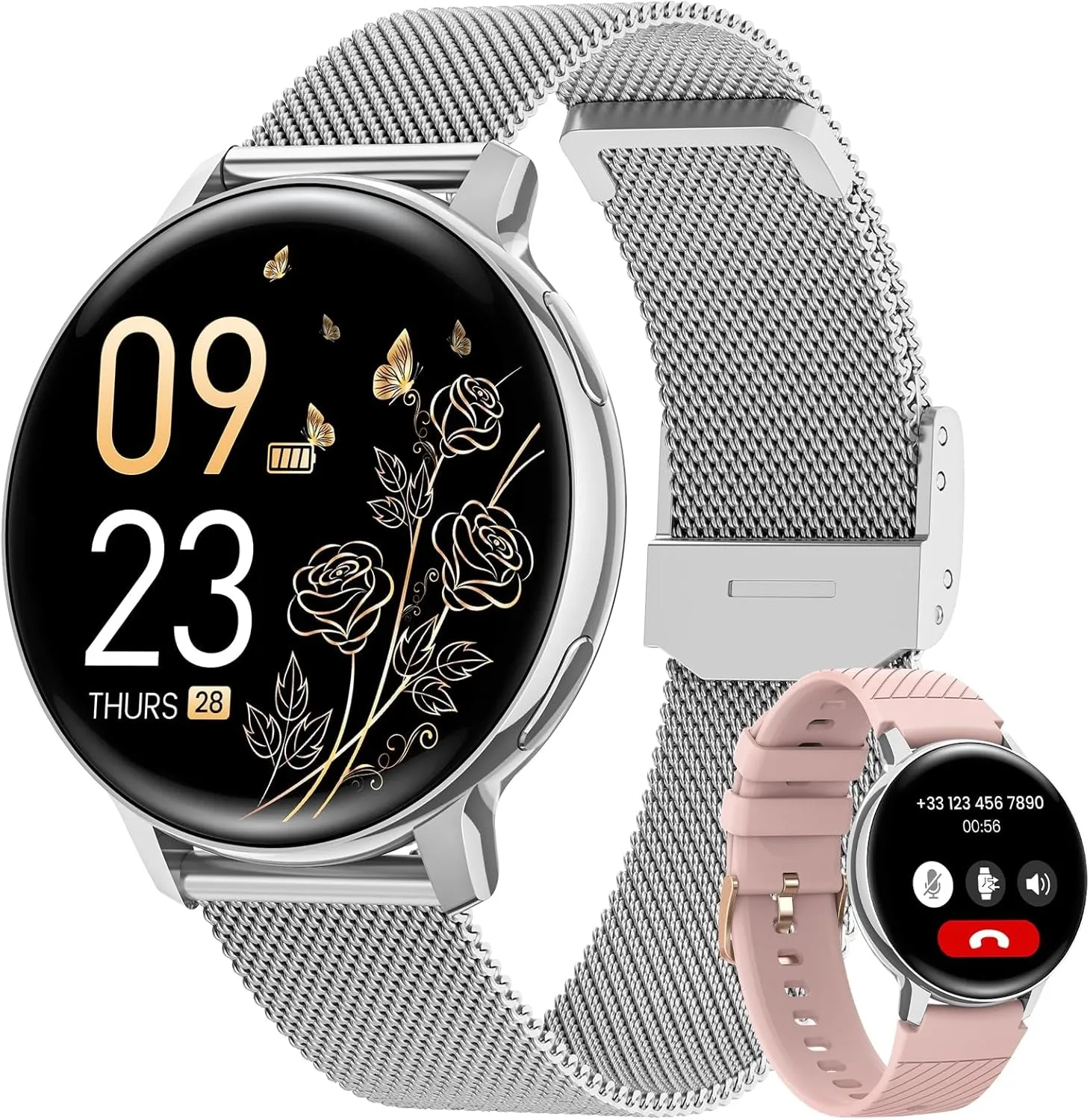 NAIXUES Smartwatch Damen Mit Telefonfunktion, 1,39" Touchscreen Fitnessuhr 120  Sportmodi Menstruationszyklus Pulsuhr Spo2 Schlafmonitor, Kalorien Fitness Tracker Für Ios Android Roségold Schwarz