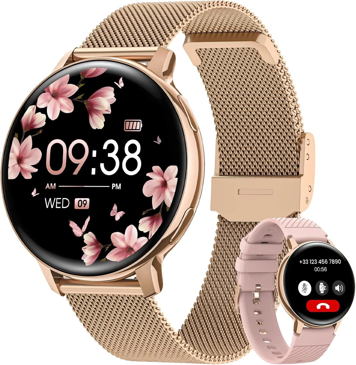 NAIXUES Smartwatch Damen Mit Telefonfunktion, 1,39" Touchscreen Fitnessuhr 120  Sportmodi Menstruationszyklus Pulsuhr Spo2 Schlafmonitor, Kalorien Fitness Tracker Für Ios Android Roségold Schwarz