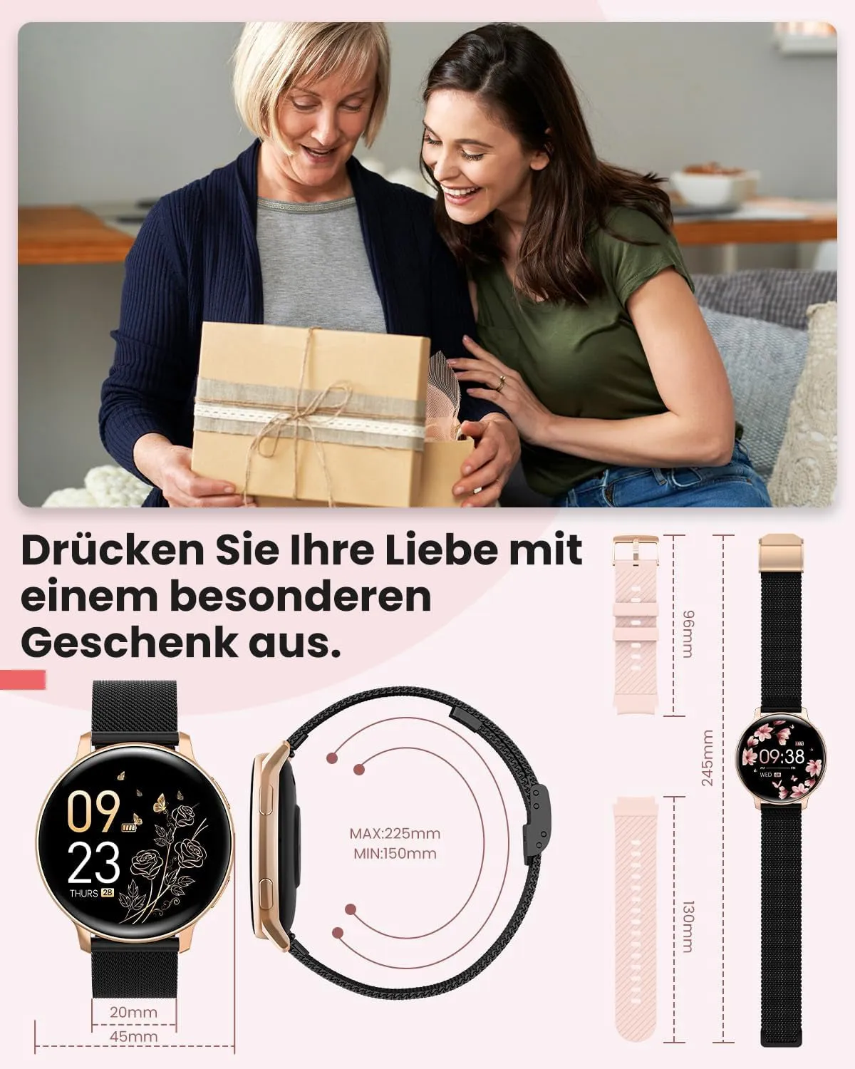 NAIXUES Smartwatch Damen Mit Telefonfunktion, 1,39" Touchscreen Fitnessuhr 120  Sportmodi Menstruationszyklus Pulsuhr Spo2 Schlafmonitor, Kalorien Fitness Tracker Für Ios Android Roségold Schwarz
