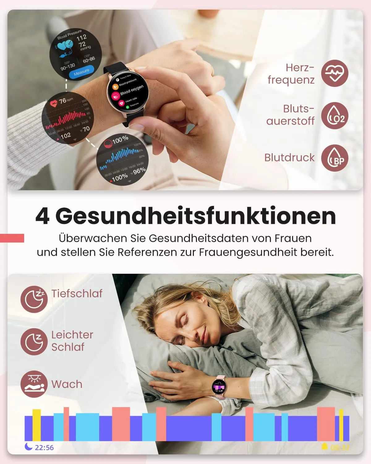 NAIXUES Smartwatch Damen Mit Telefonfunktion, 1,39" Touchscreen Fitnessuhr 120  Sportmodi Menstruationszyklus Pulsuhr Spo2 Schlafmonitor, Kalorien Fitness Tracker Für Ios Android Roségold Schwarz