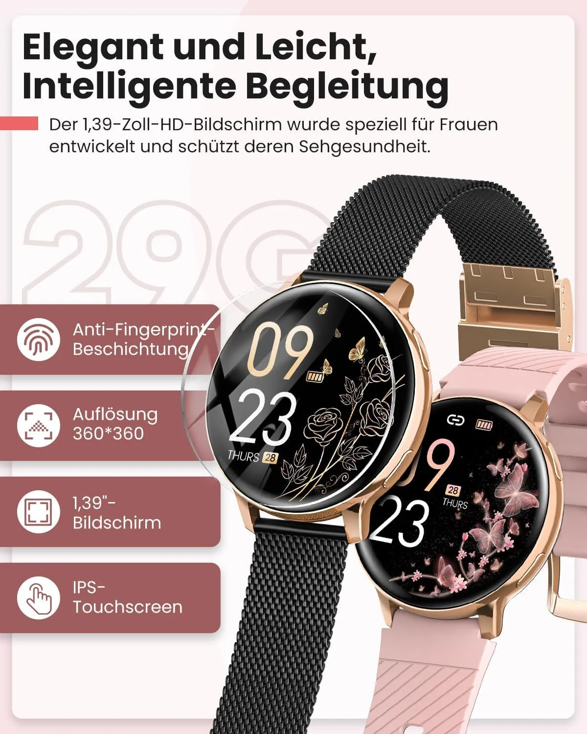 NAIXUES Smartwatch Damen Mit Telefonfunktion, 1,39" Touchscreen Fitnessuhr 120  Sportmodi Menstruationszyklus Pulsuhr Spo2 Schlafmonitor, Kalorien Fitness Tracker Für Ios Android Roségold Schwarz
