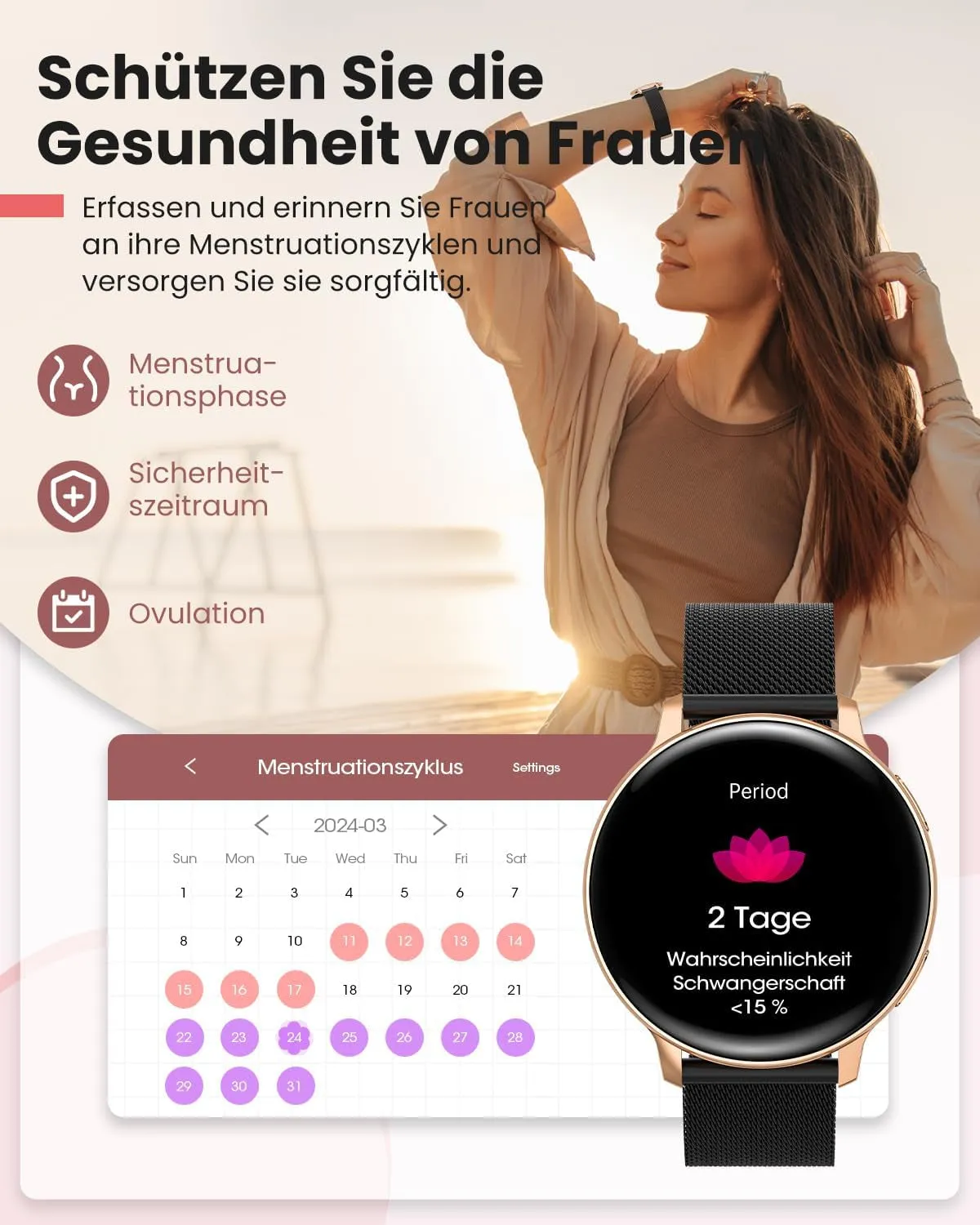 NAIXUES Smartwatch Damen Mit Telefonfunktion, 1,39" Touchscreen Fitnessuhr 120  Sportmodi Menstruationszyklus Pulsuhr Spo2 Schlafmonitor, Kalorien Fitness Tracker Für Ios Android Roségold Schwarz