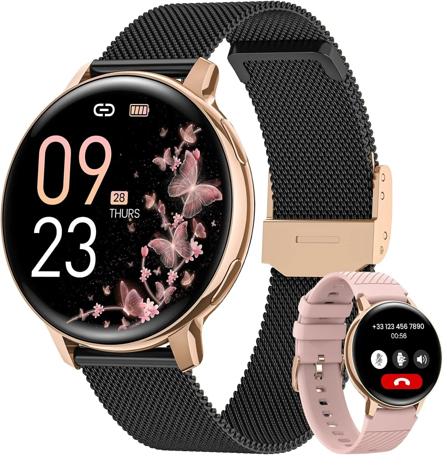 NAIXUES Smartwatch Damen Mit Telefonfunktion, 1,39" Touchscreen Fitnessuhr 120  Sportmodi Menstruationszyklus Pulsuhr Spo2 Schlafmonitor, Kalorien Fitness Tracker Für Ios Android Roségold Schwarz