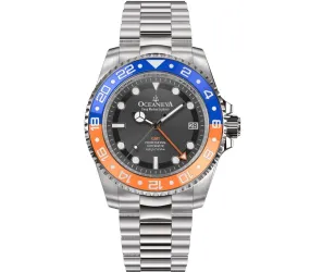 Oceaneva Men's GMT Automatic Deep Marine Explorer 1250M Pro Diver Blue Orange Bezel Watch