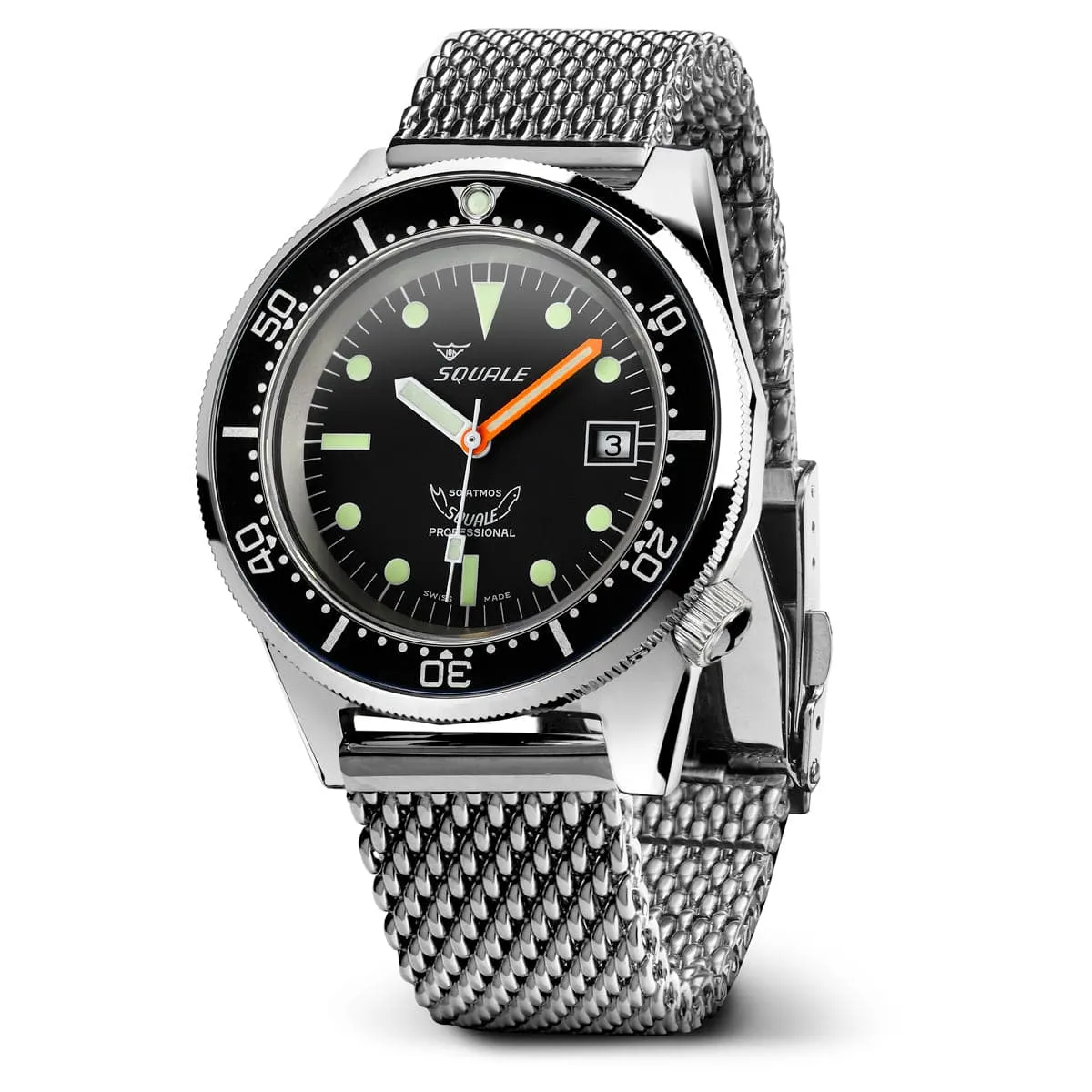 Squale 1521 Diver's Watch Black Dial Polished Case - Mesh Bracelet